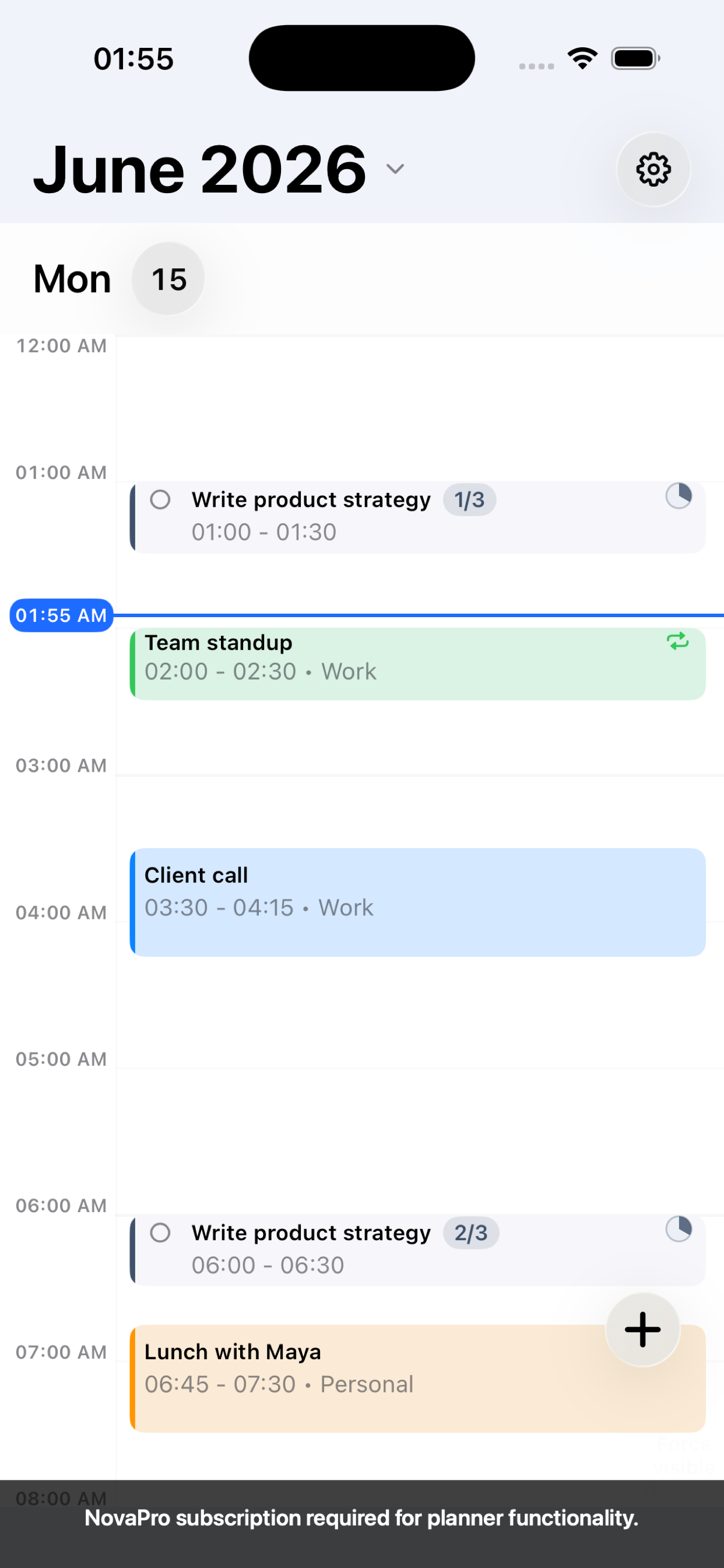 NovaPro auto-scheduled task chunks on an iPhone day timeline