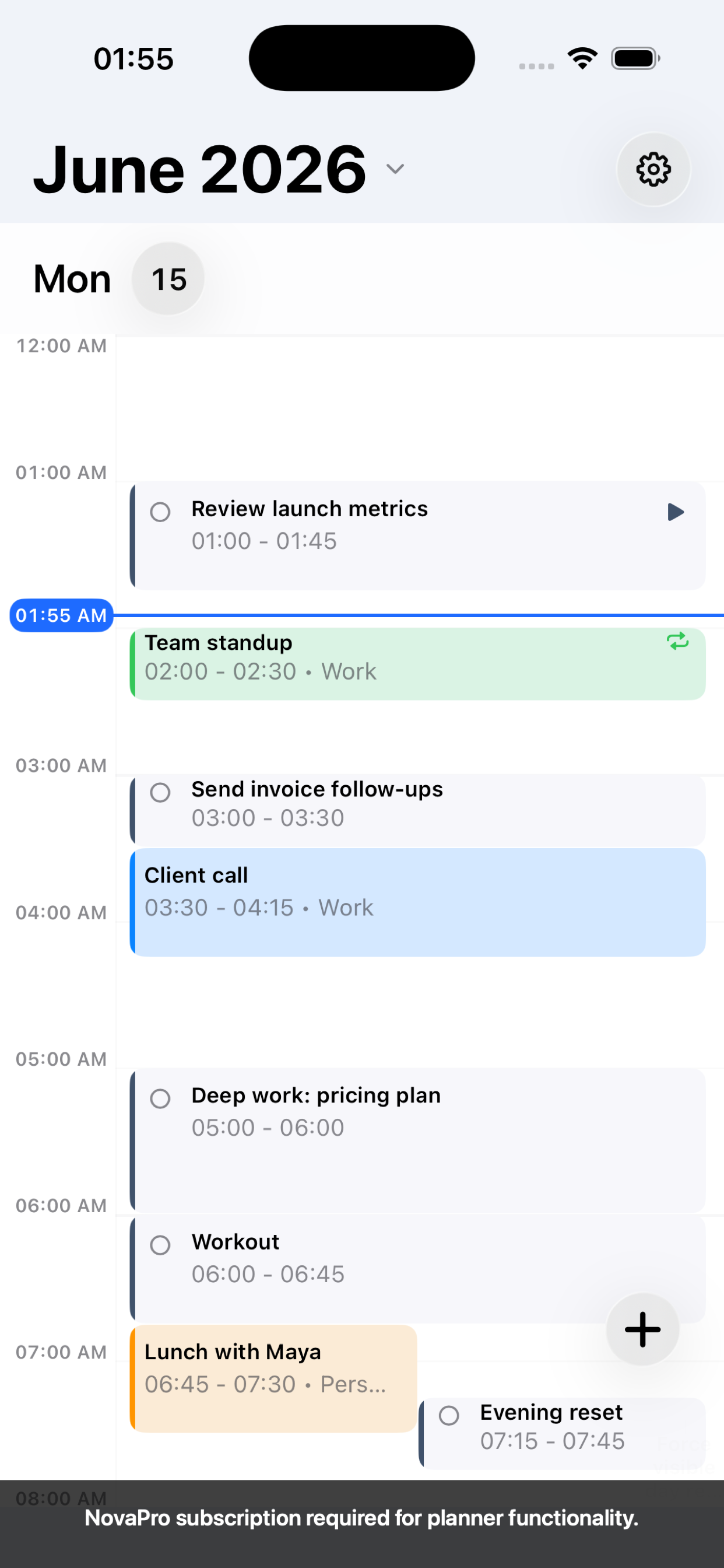 NovaPro calendar-first day plan with scheduled tasks and calendar events