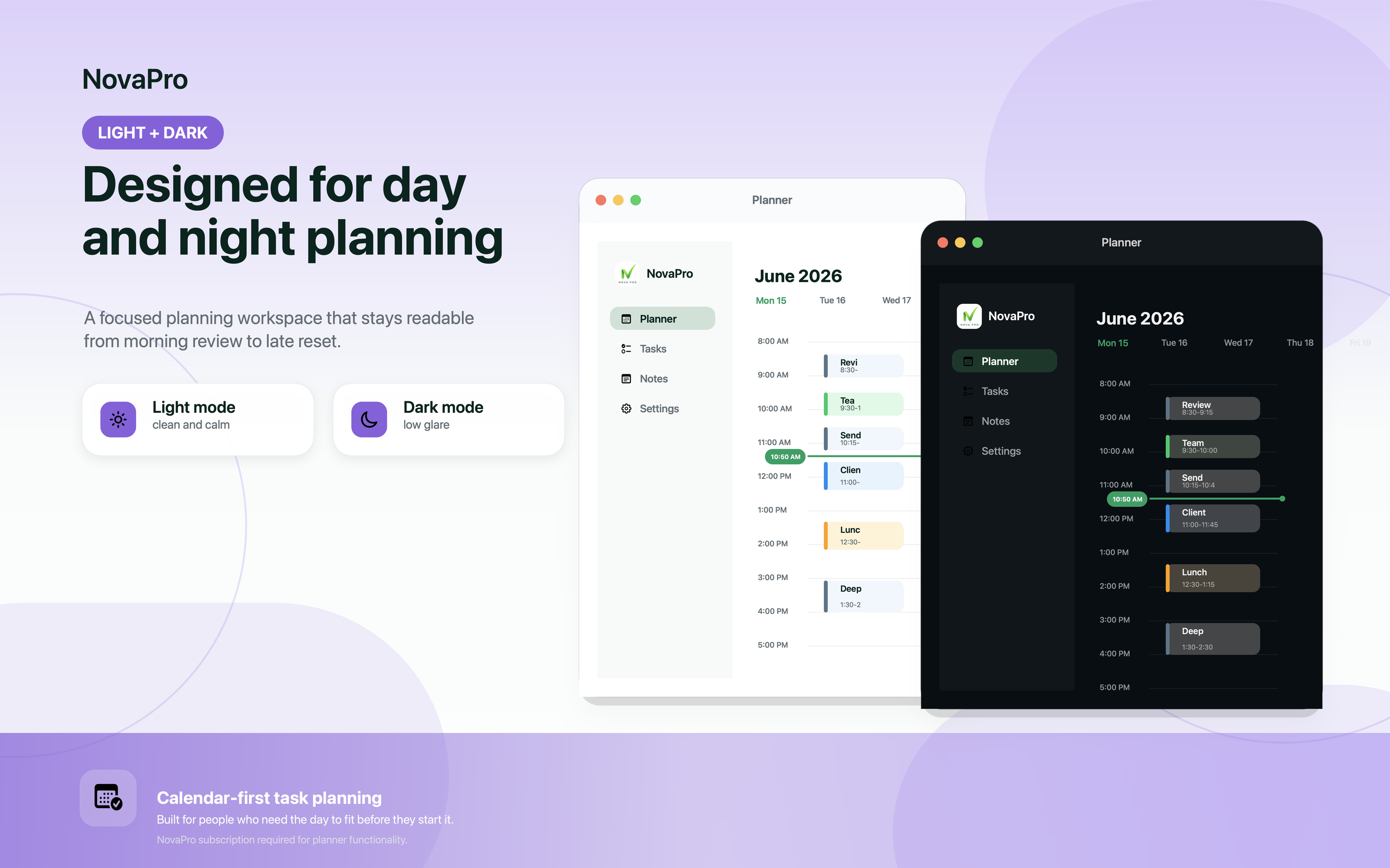 NovaPro for macOS dark mode calendar screen